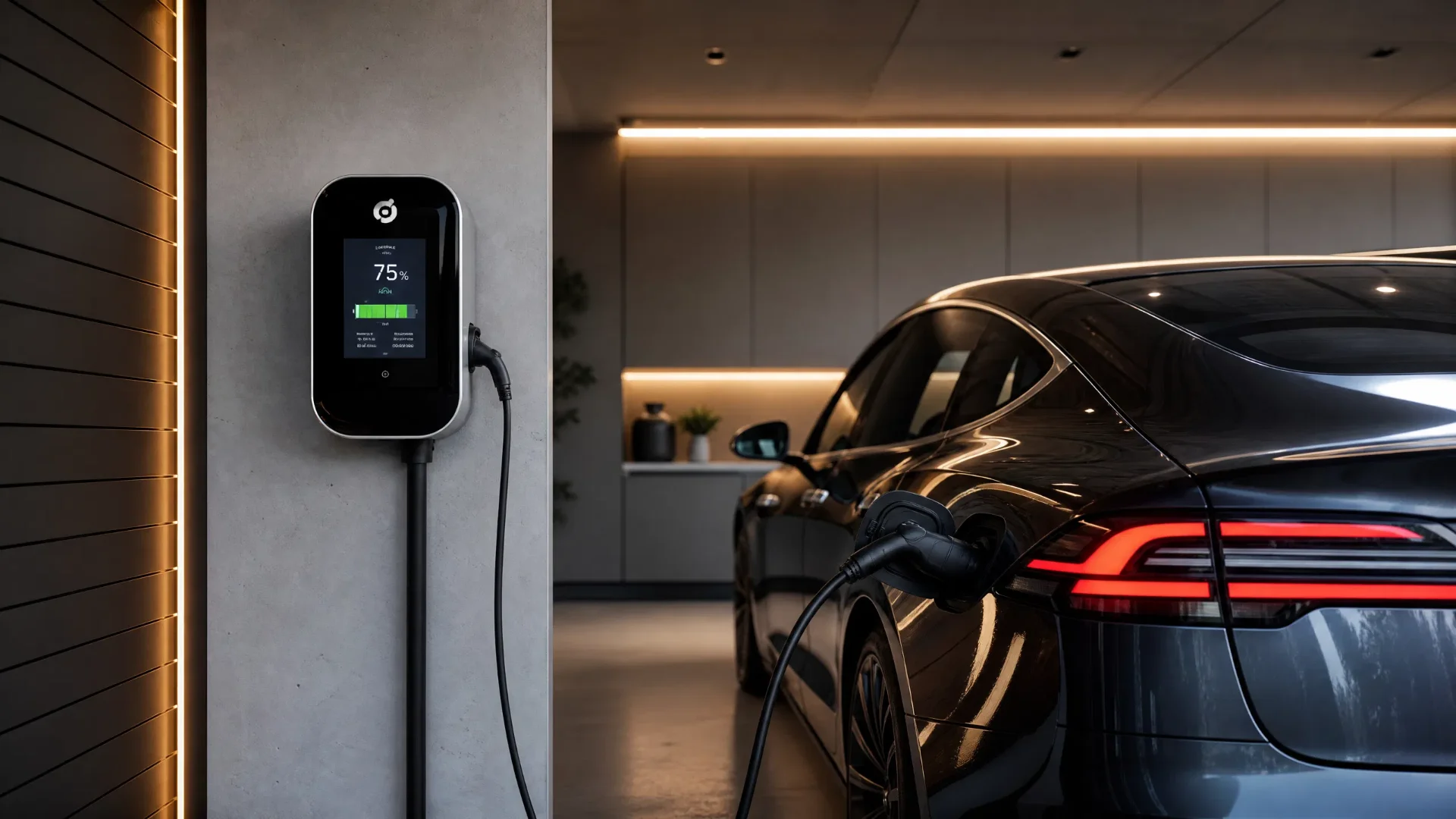 Carregador veicular inteligente instalado em garagem residencial